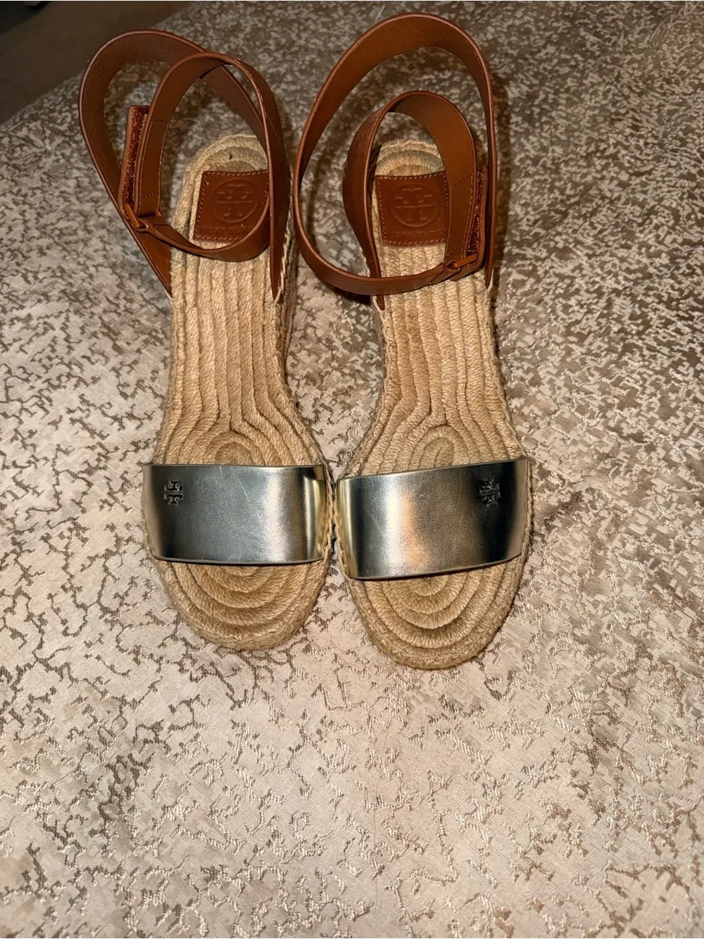 Tory Burch Silver Toe & Brown Ankle Espadrille Wedge Sandals